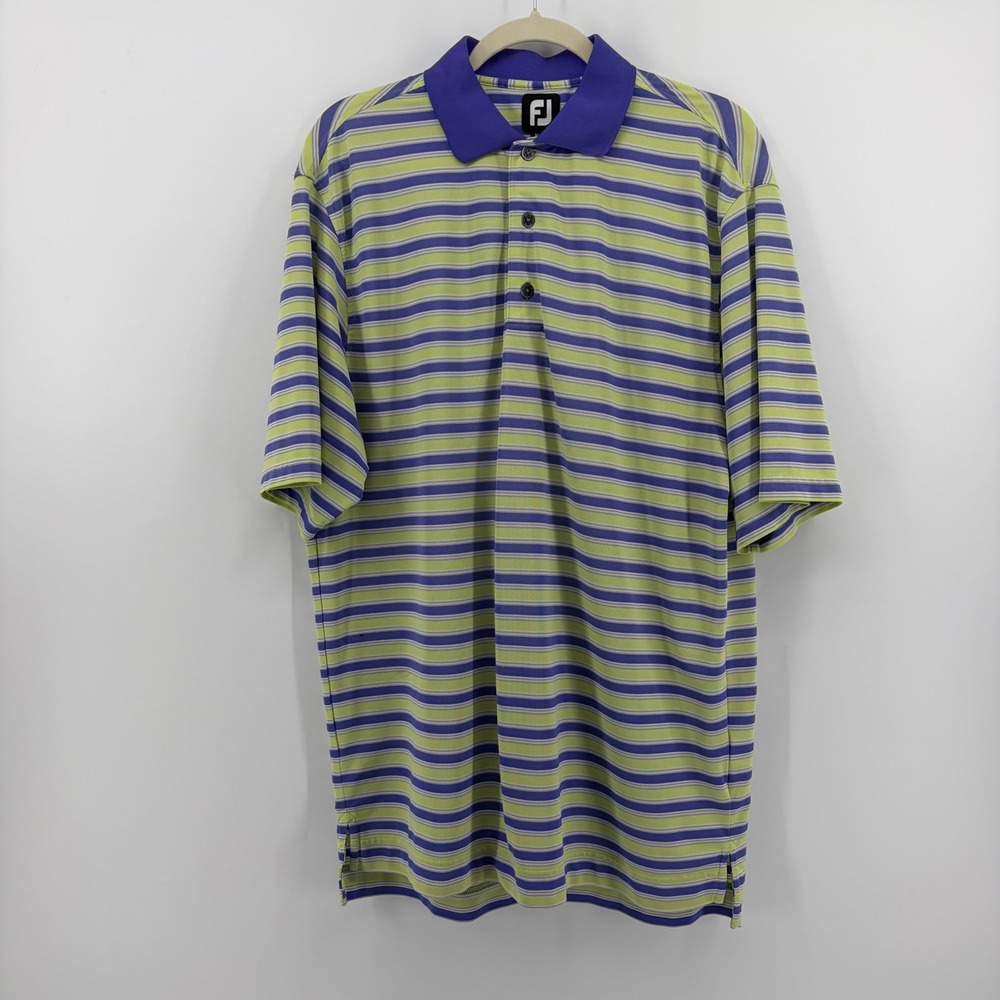 FootJoy Mens Medium Purple Lime Green Striped Short Sleeve‎ Golf Polo Shirt FJ